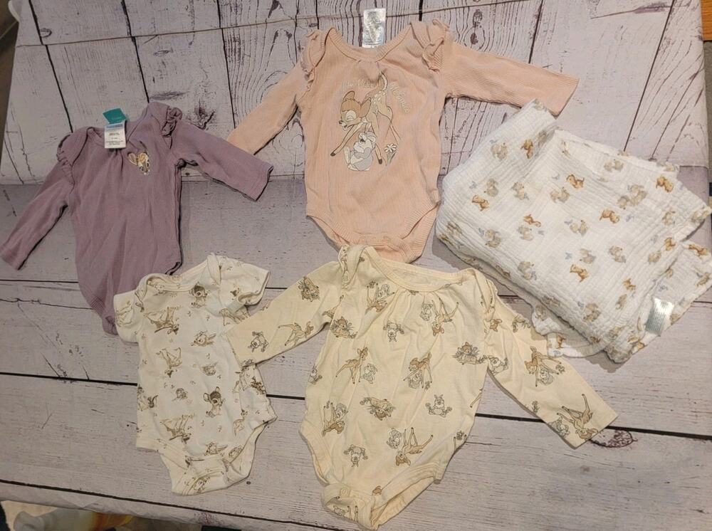 Disney Baby Bambi Body Suite Lots Of 5 And Swaddle Blanket